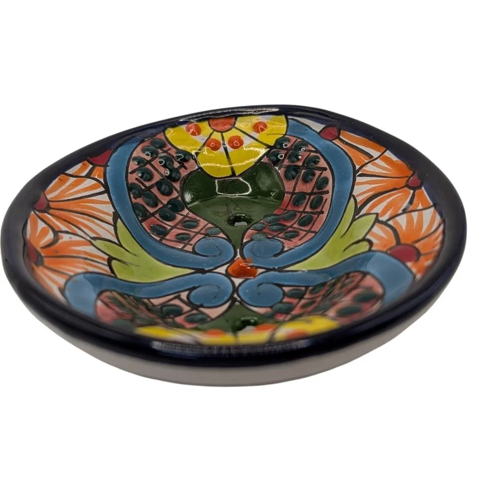 Mexican Hand Painted Soap Dish Red Clay Decorative Multicolors Folk Art
